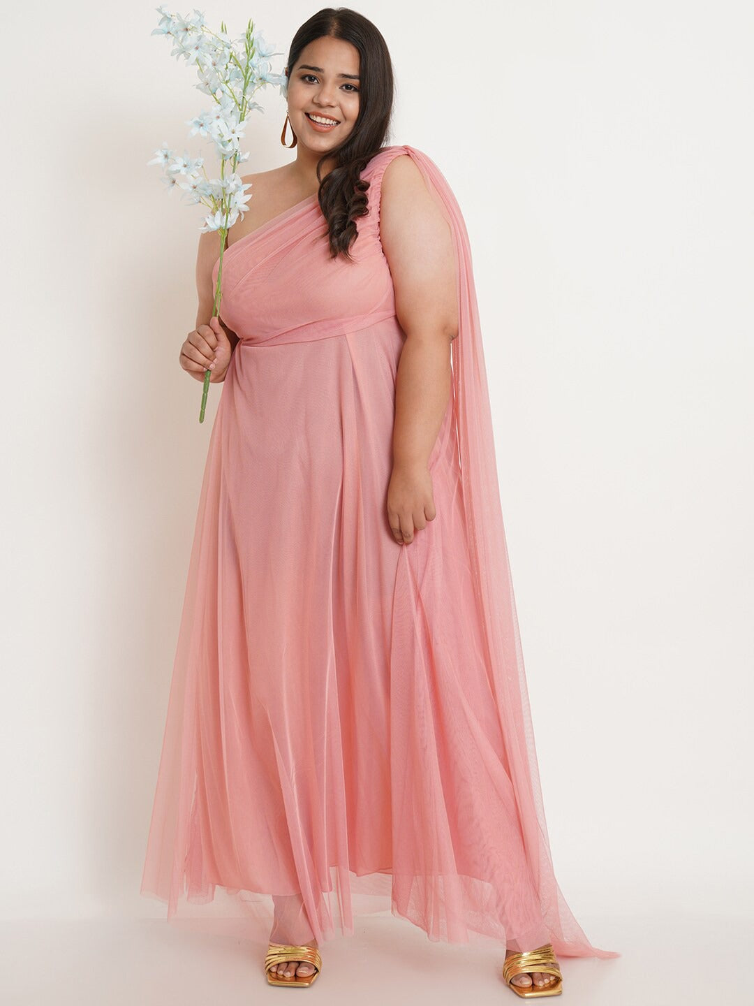 Women Plus Size Pink One Shoulder Net Maxi Dress
