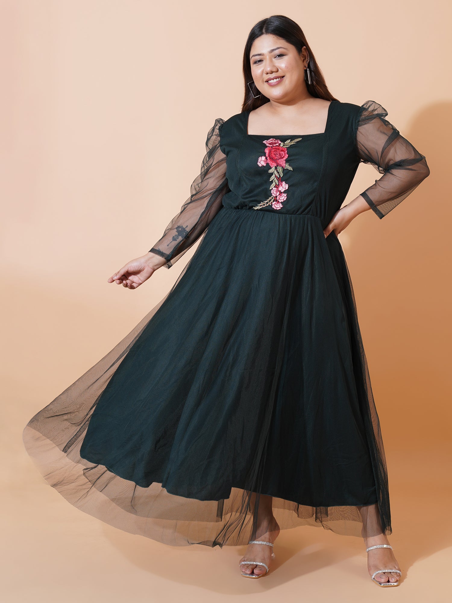 Women Plus Size Embroidered Net Maxi Dress