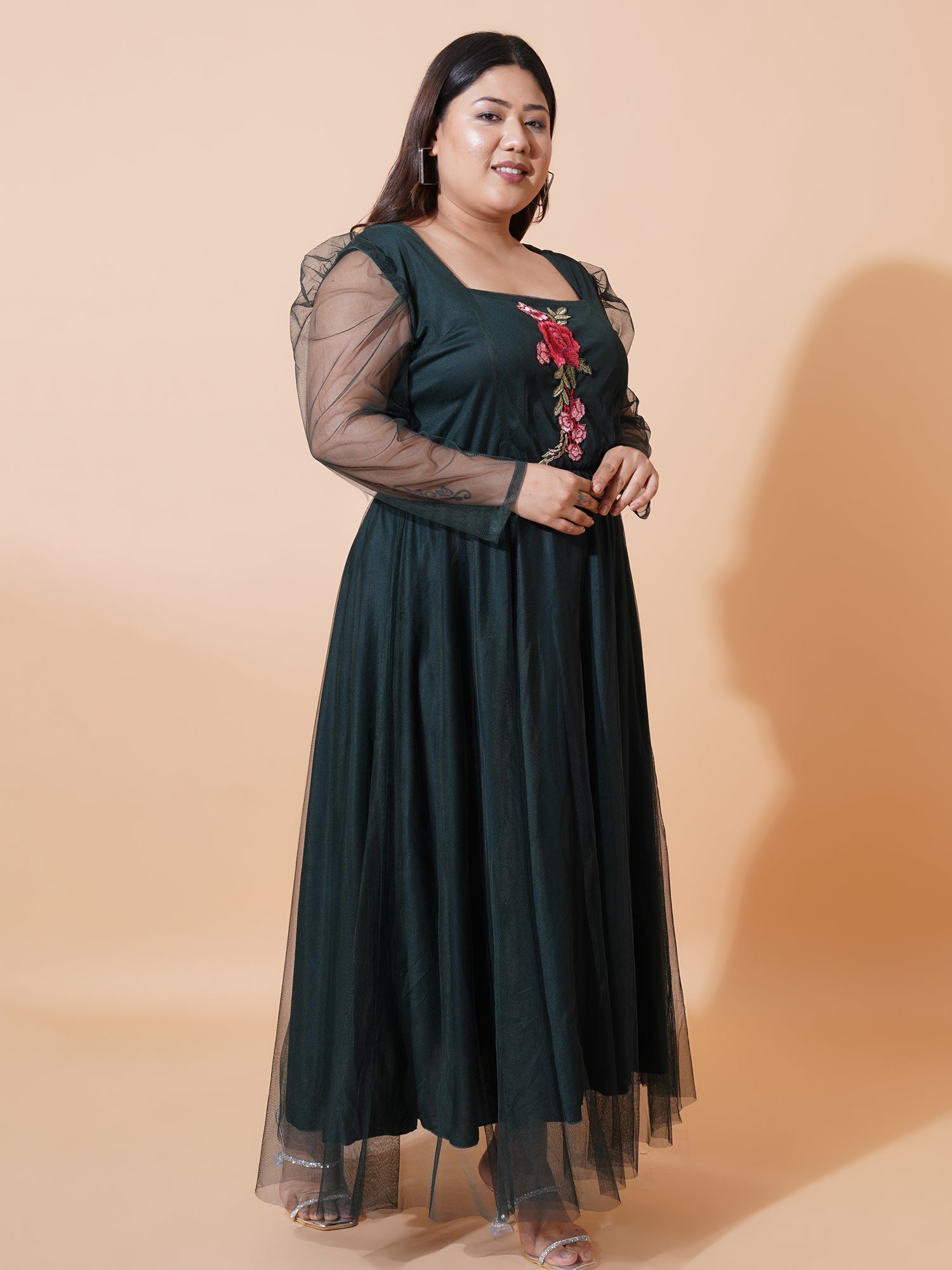 Women Plus Size Embroidered Net Maxi Dress