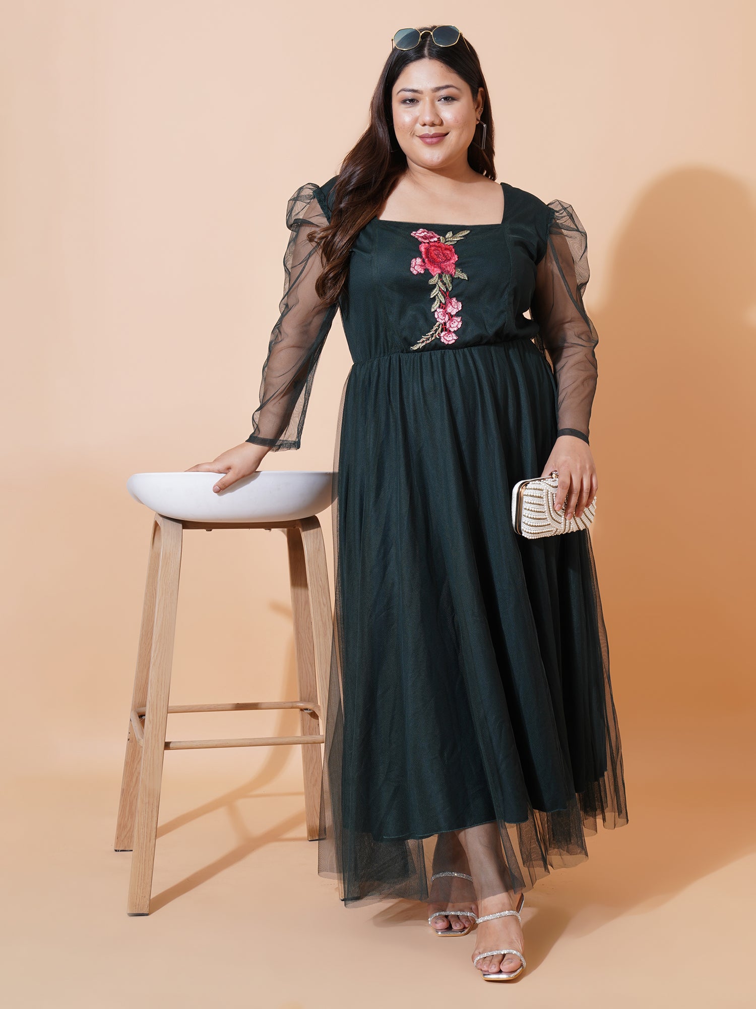 Women Plus Size Embroidered Net Maxi Dress