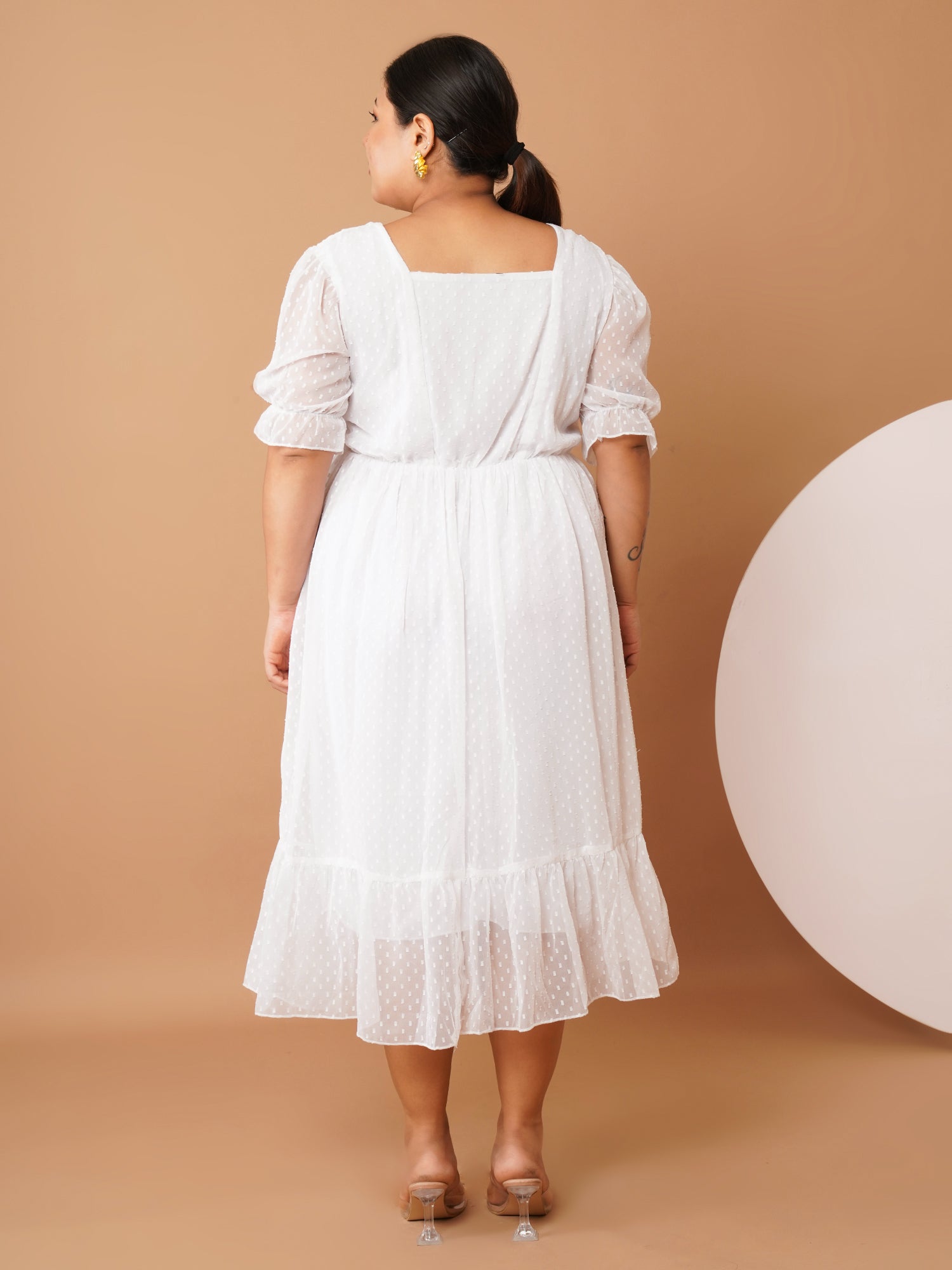 U&F Beyond Plus Size White Georgette Midi Dress | Square Neck, Puff Sleeves, Ruched Empire Waist