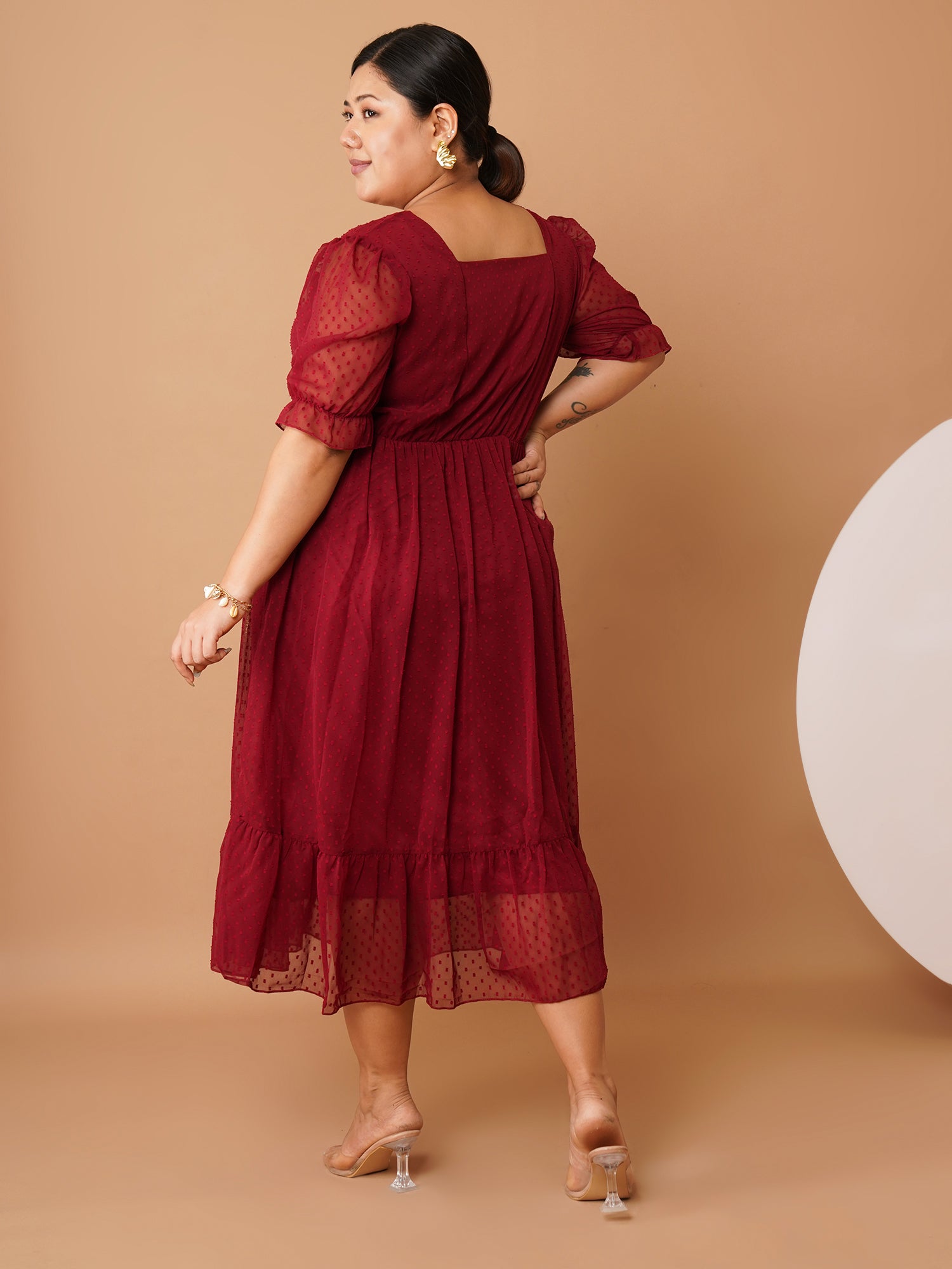 U&F Beyond Plus Size Maroon Georgette Swiss-Dot Midi Dress | Square Neck, Puff Sleeves, Ruched Empire Waist