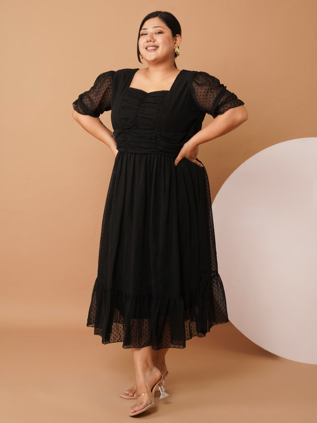 Fashion Gown For Chubby Woman Plus Size V Neck Ruffle Midi Dress-Black, XXL Fashion Gown For Chubby Woman Plus Size V Neck Ruffle Midi Dress-Black, XXL