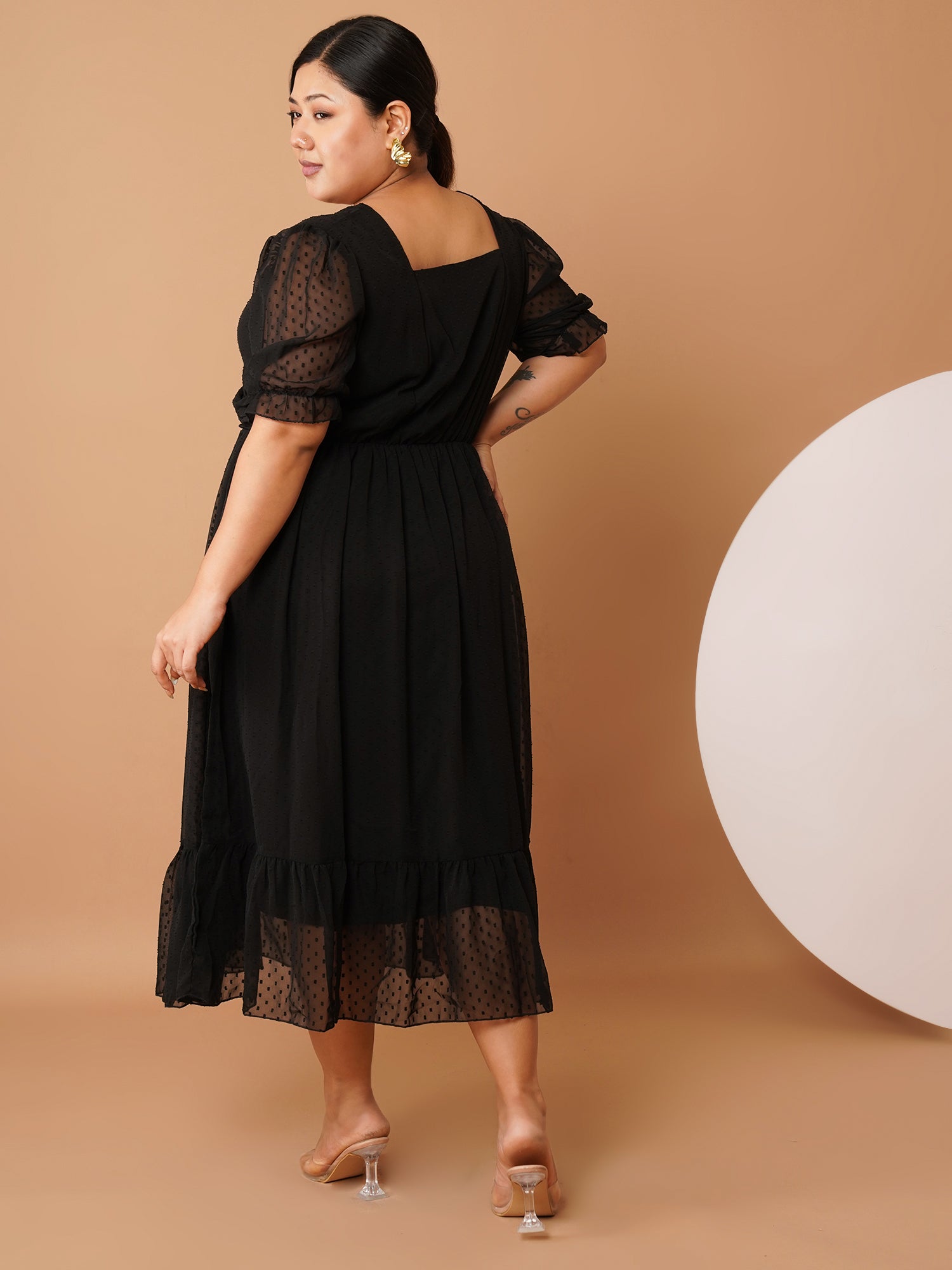 U&F Beyond Plus Size Black Georgette Midi Dress | Square Neck, Puff Sleeves, Ruched Empire Waist