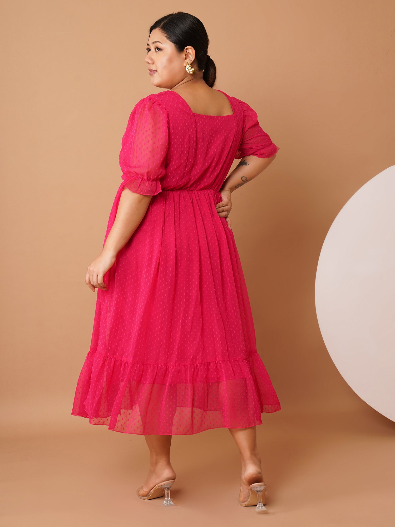 U&F Beyond Plus Size Magenta Georgette Midi Dress | Square Neck, Puff Sleeves, Ruched Empire Waist