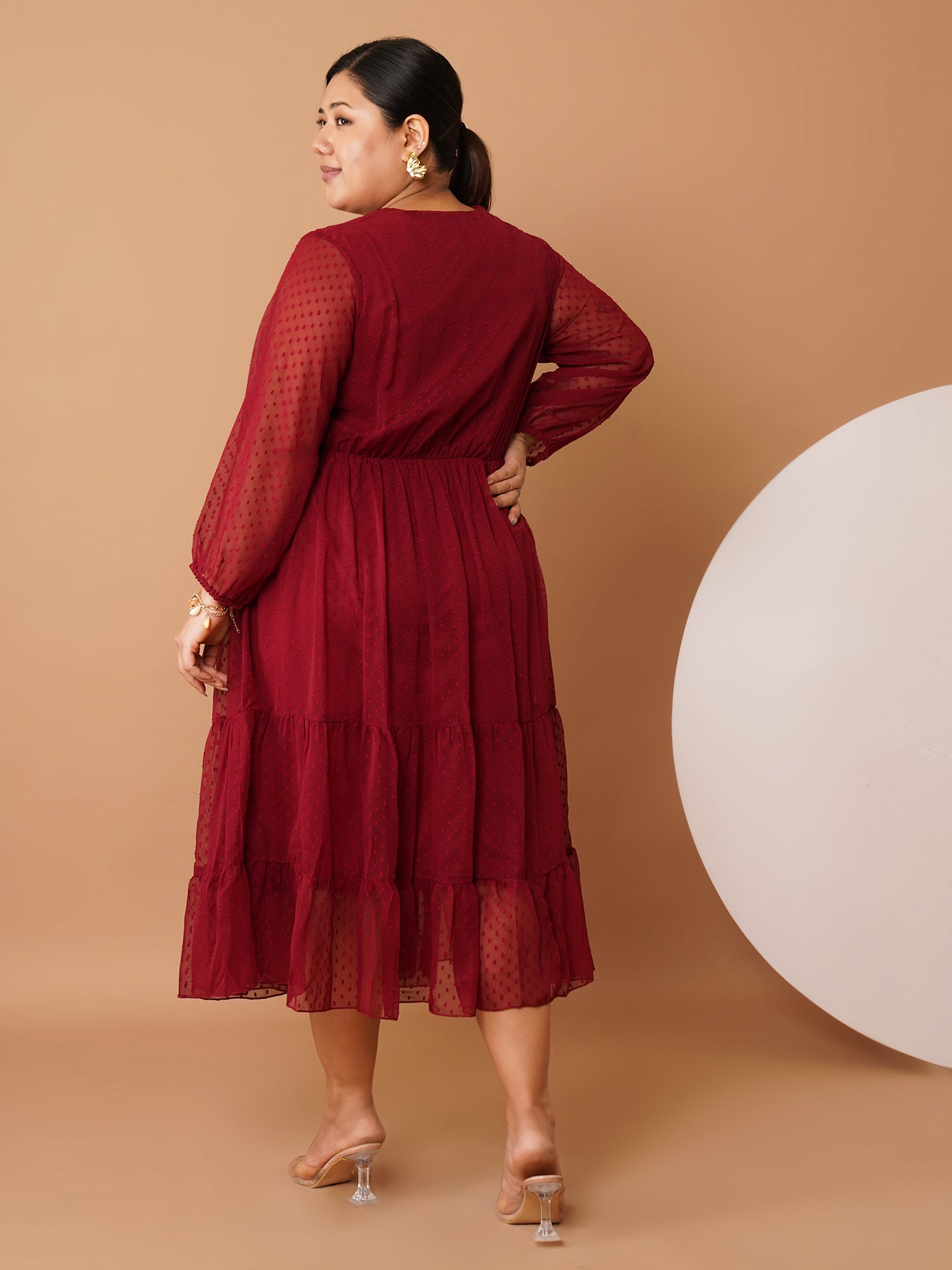 U&F Beyond Plus Size Maroon Georgette Swiss-Dot Midi Dress |V Neck, Puff Sleeves, Ruched Bodice, Tiered Hem