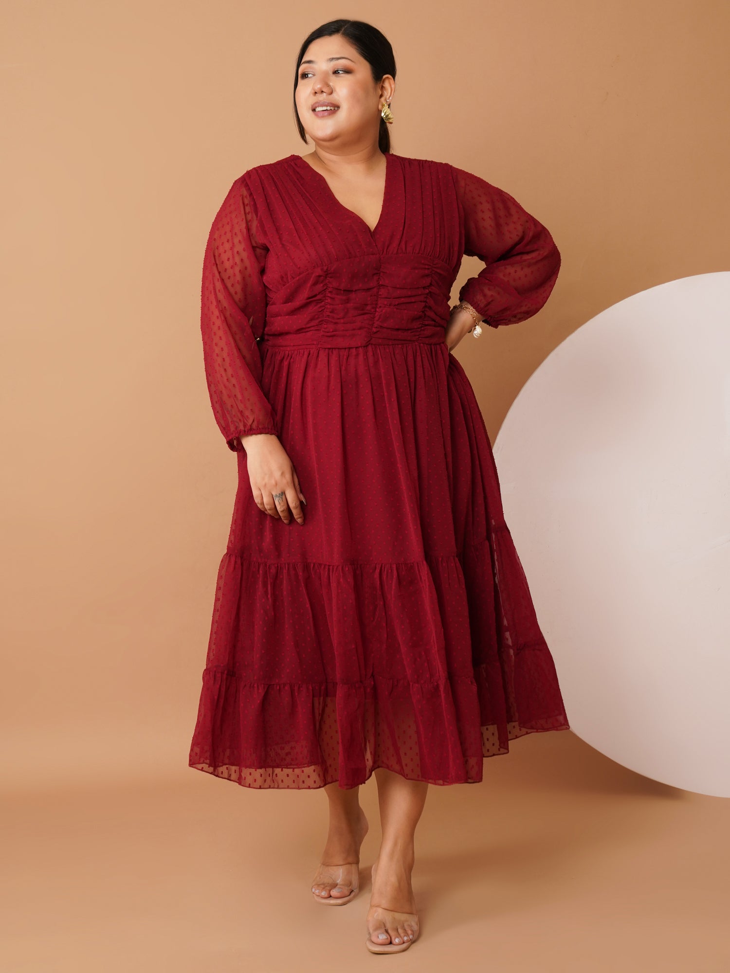 U&F Beyond Plus Size Maroon Georgette Swiss-Dot Midi Dress |V Neck, Puff Sleeves, Ruched Bodice, Tiered Hem