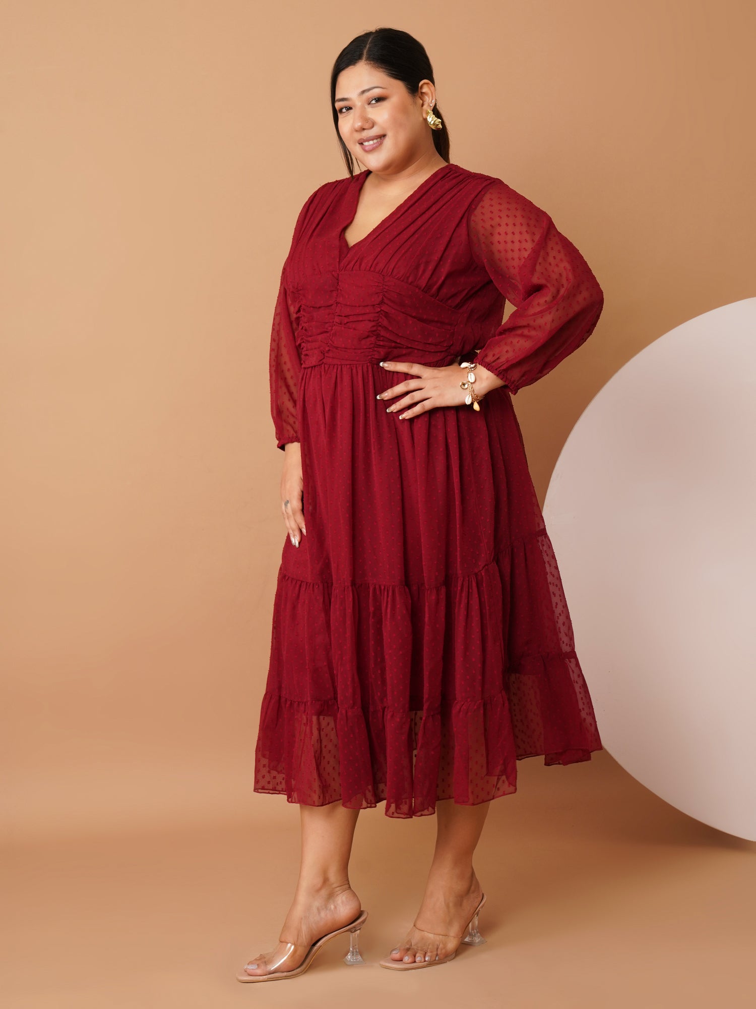 U&F Beyond Plus Size Maroon Georgette Swiss-Dot Midi Dress |V Neck, Puff Sleeves, Ruched Bodice, Tiered Hem