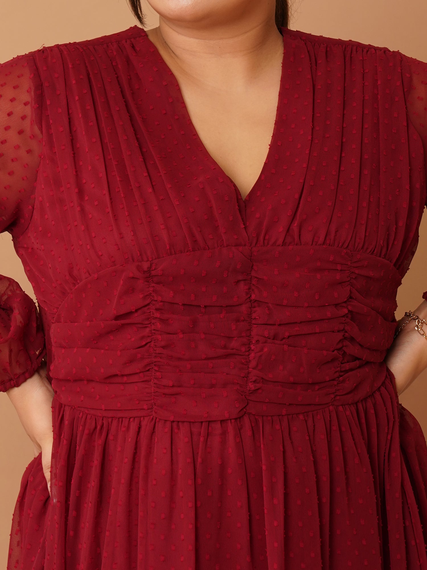 U&F Beyond Plus Size Maroon Georgette Swiss-Dot Midi Dress |V Neck, Puff Sleeves, Ruched Bodice, Tiered Hem
