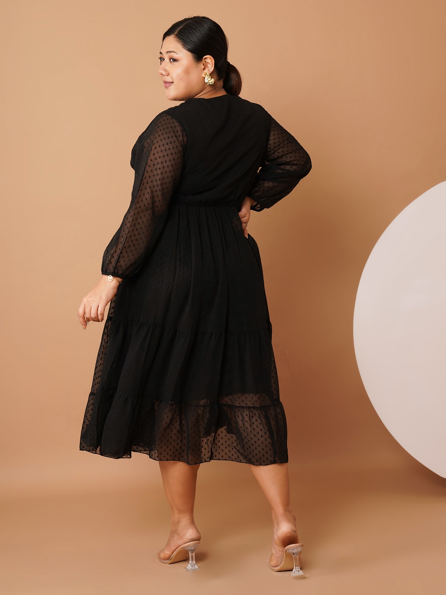 U&F Beyond Plus-Size Black Georgette Swiss-Dot Midi Dress | V-Neck, Sheer Sleeves, Ruched Empire Waist