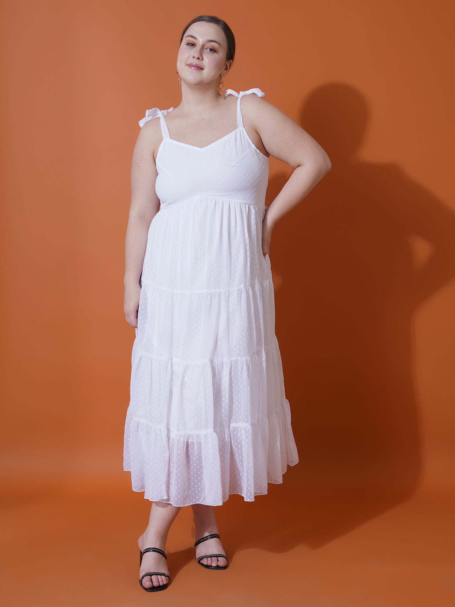 Women Plus Size Self Design Shoulder Straps Fit & Flare Midi Dress