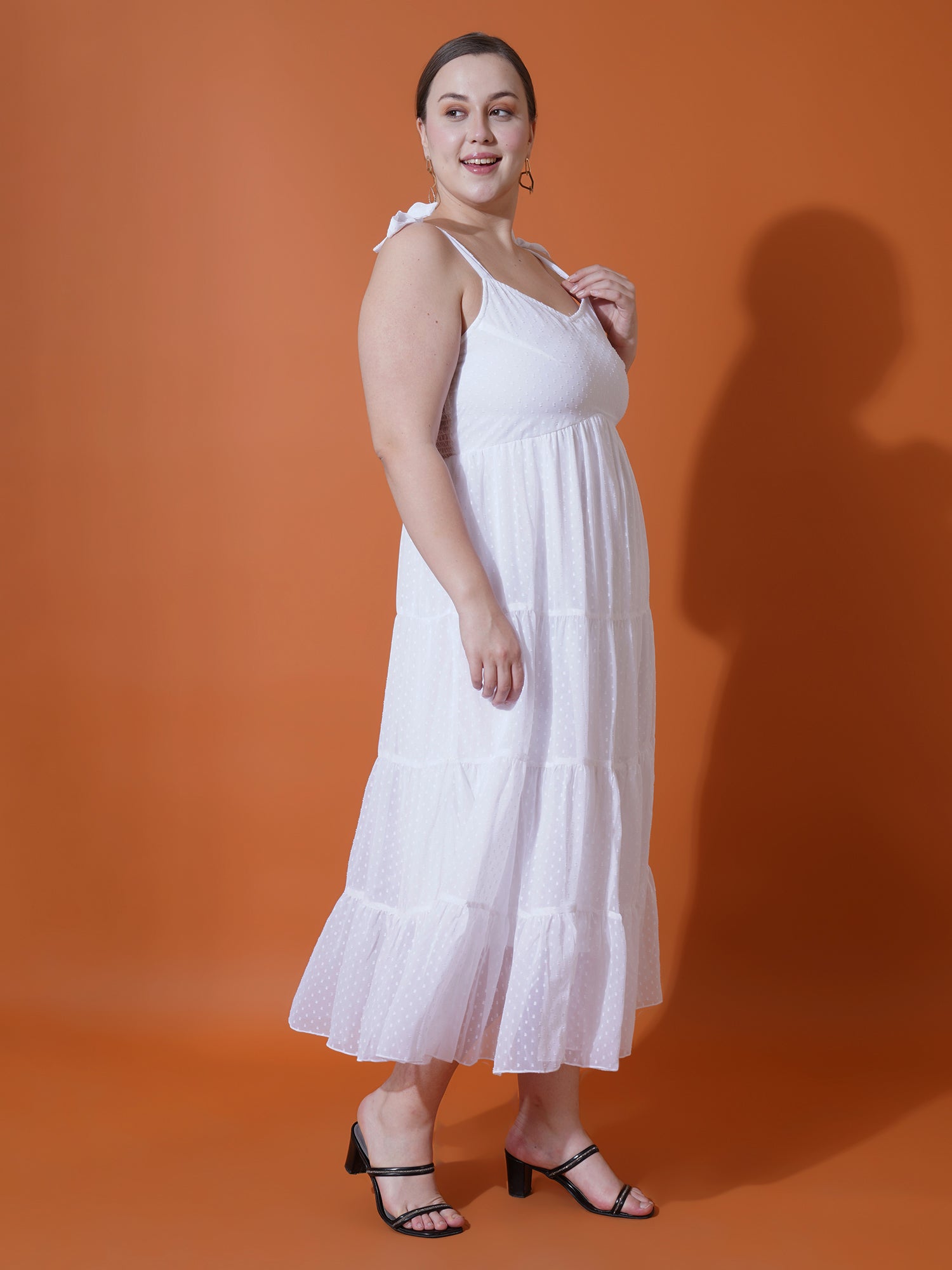 Women Plus Size Self Design Shoulder Straps Fit & Flare Midi Dress