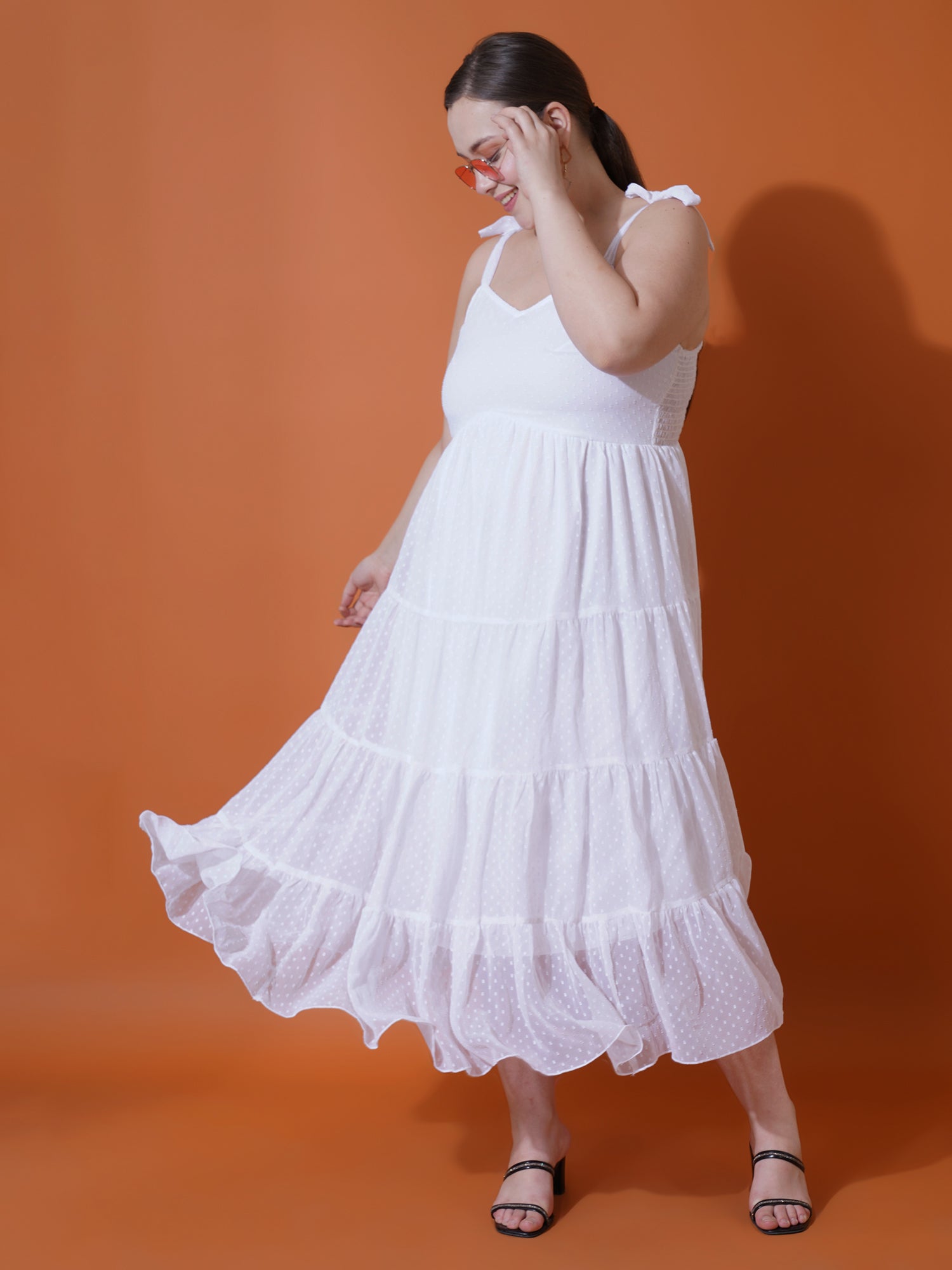 Women Plus Size Self Design Shoulder Straps Fit & Flare Midi Dress