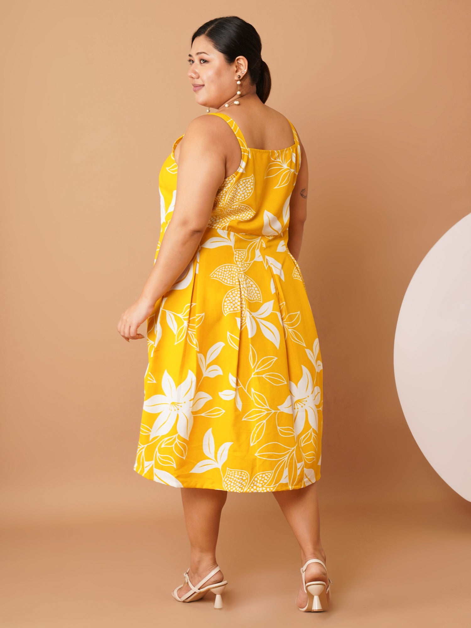 U&F Beyond Plus Size Yellow Floral Cotton Midi Dress | Sleeveless Strap, Scoop Neck, Fit & Flare