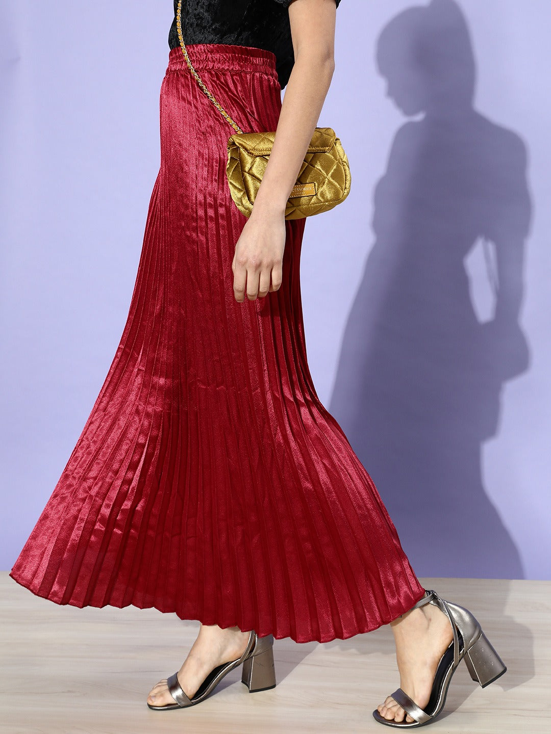 Women Charming Maroon Solid Pleated Skirt