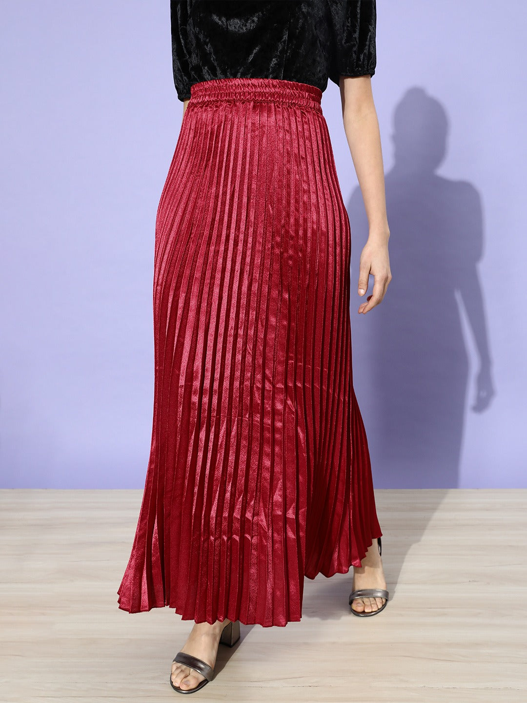 Women Charming Maroon Solid Pleated Skirt