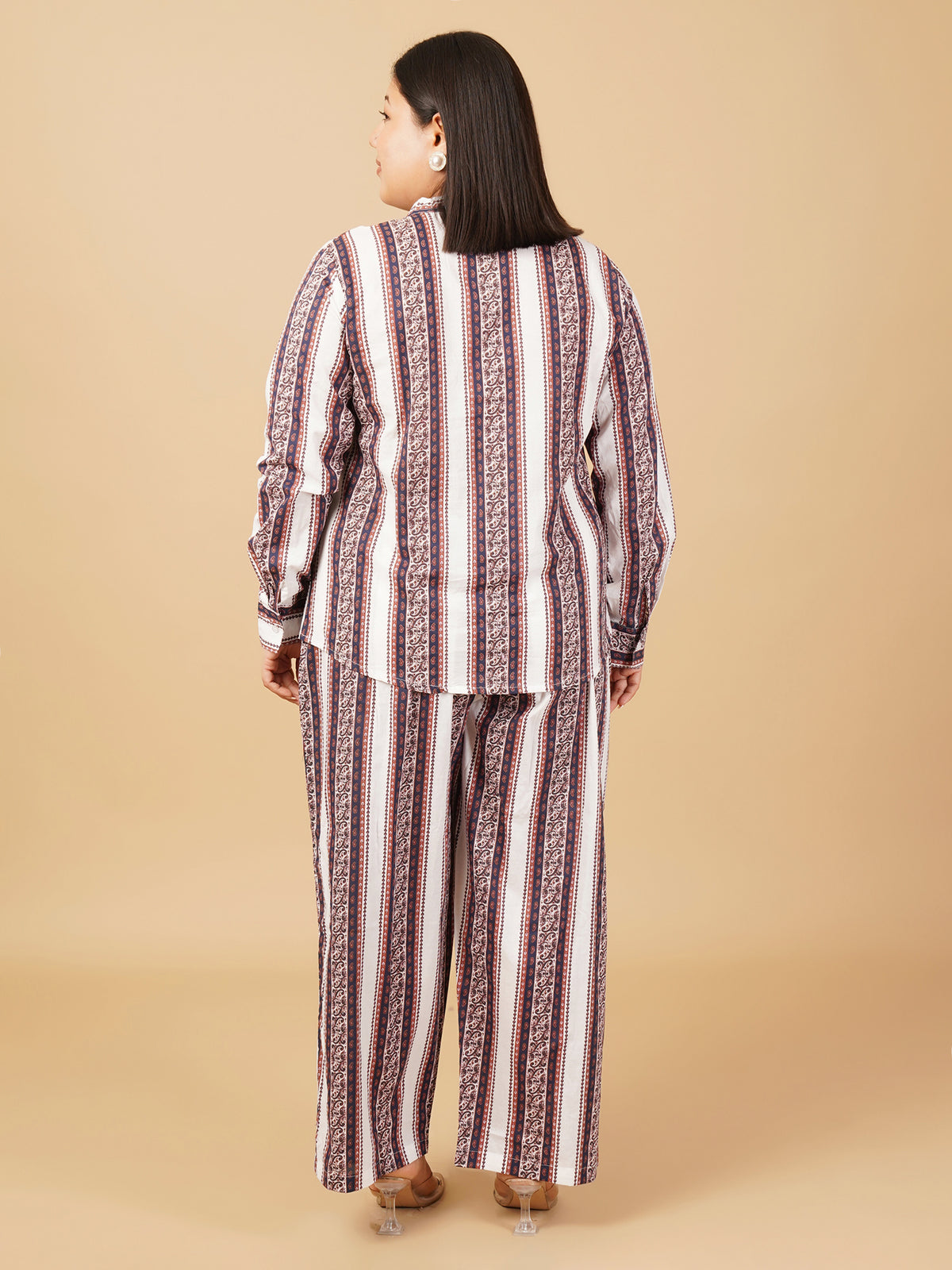 U&F Beyond Women Plus Size 100% Cotton Striped Printed Co-Ord Set with Shirt Top & Wide Leg Trouser
