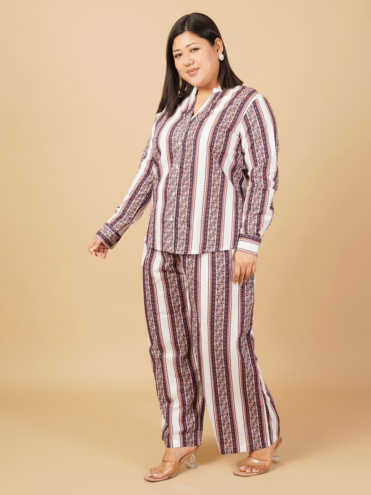 U&F Beyond Women Plus Size 100% Cotton Striped Printed Co-Ord Set with Shirt Top & Wide Leg Trouser
