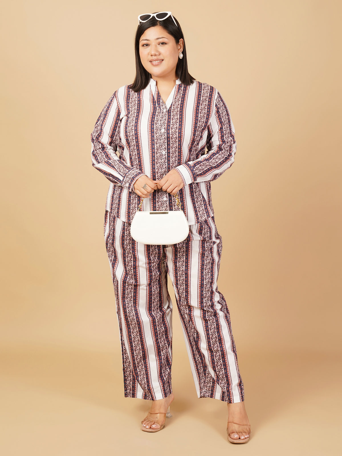 U&F Beyond Women Plus Size 100% Cotton Striped Printed Co-Ord Set with Shirt Top & Wide Leg Trouser