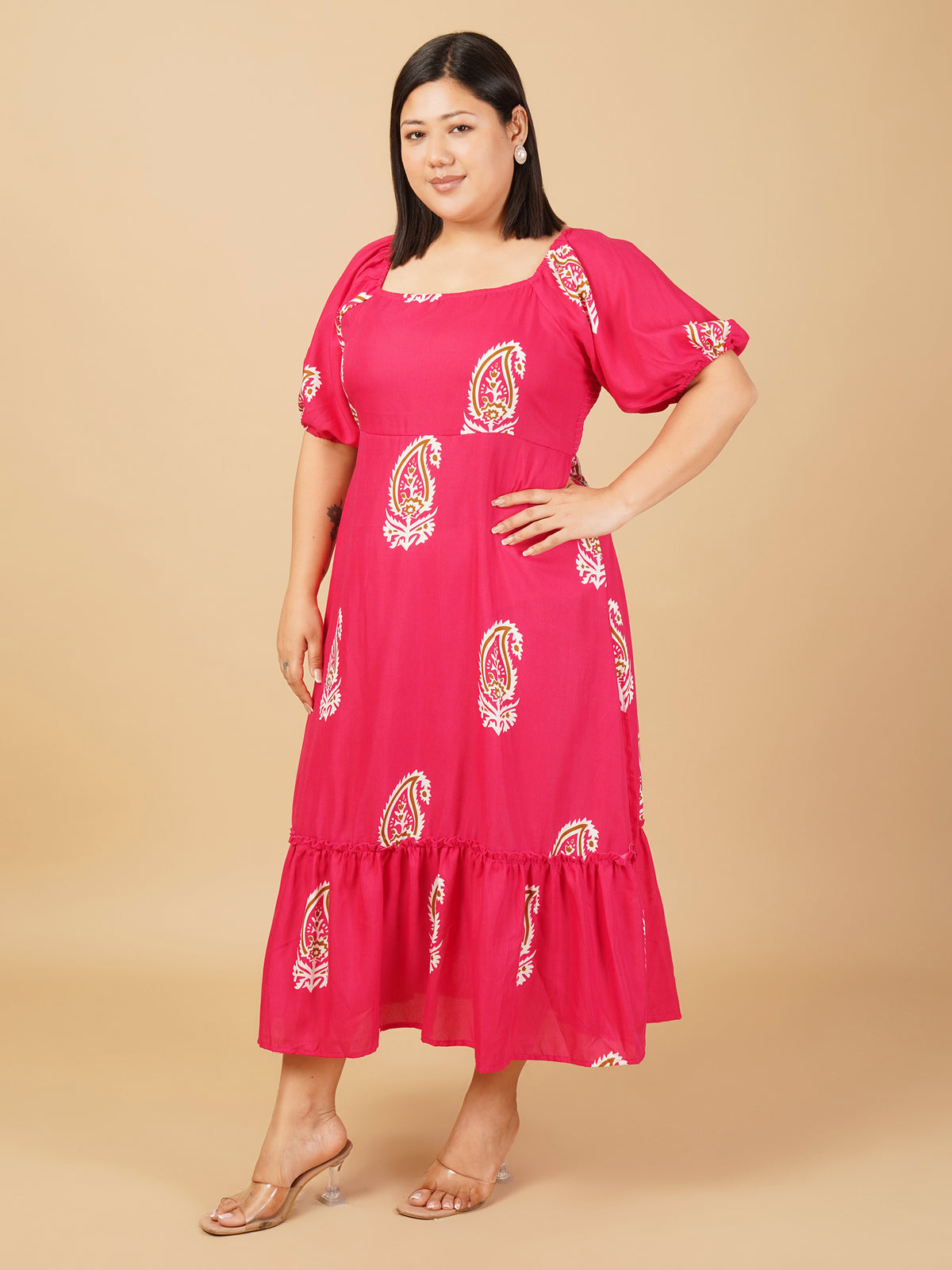 U&F Beyond Rayon Pink Print Puff Sleeve Fit & Flare Midi Dress