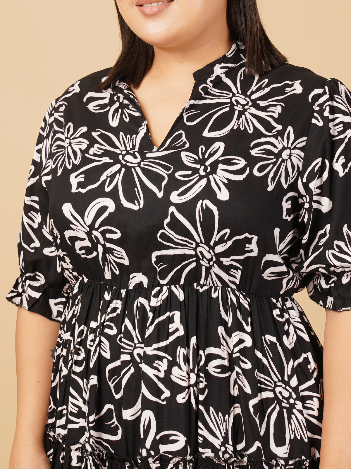 U&F Beyond Plus Size Rayon Black Maxi Dress with Mandarin Neck and Ruffle Sleeves