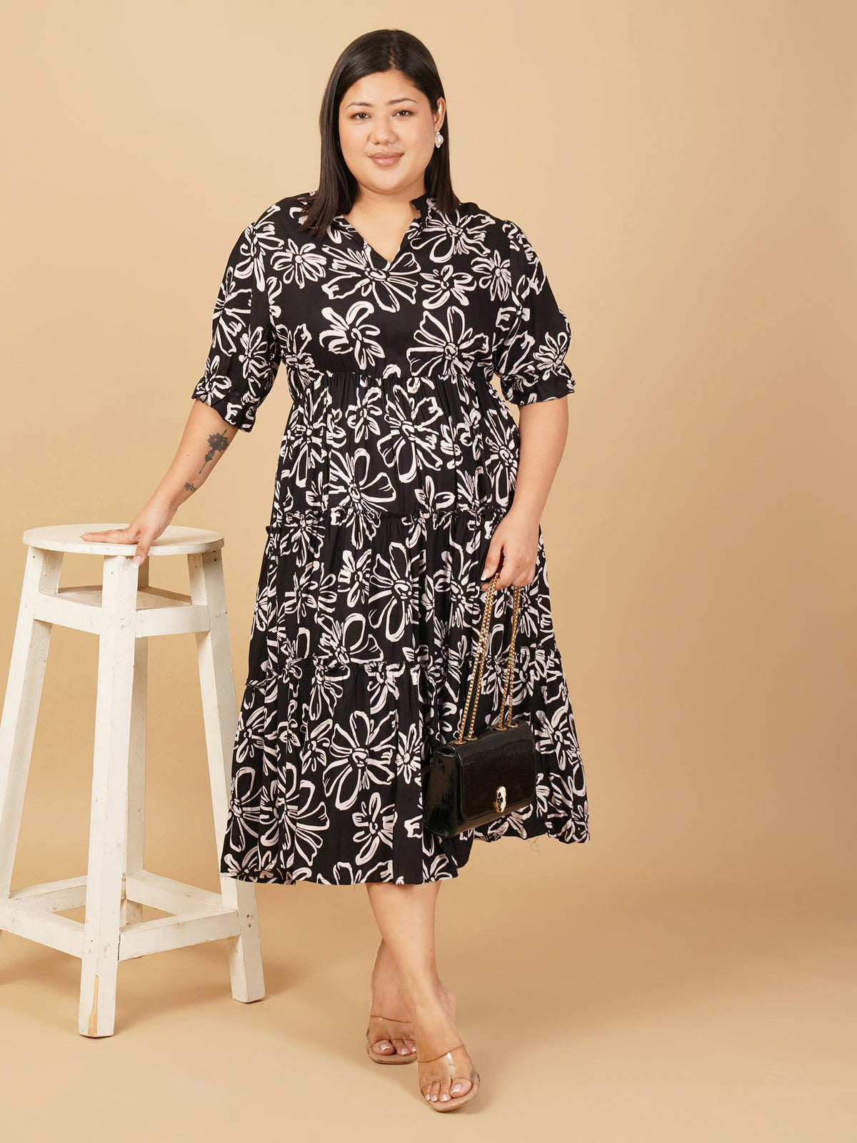 U&F Beyond Plus Size Rayon Black Maxi Dress with Mandarin Neck and Ruffle Sleeves