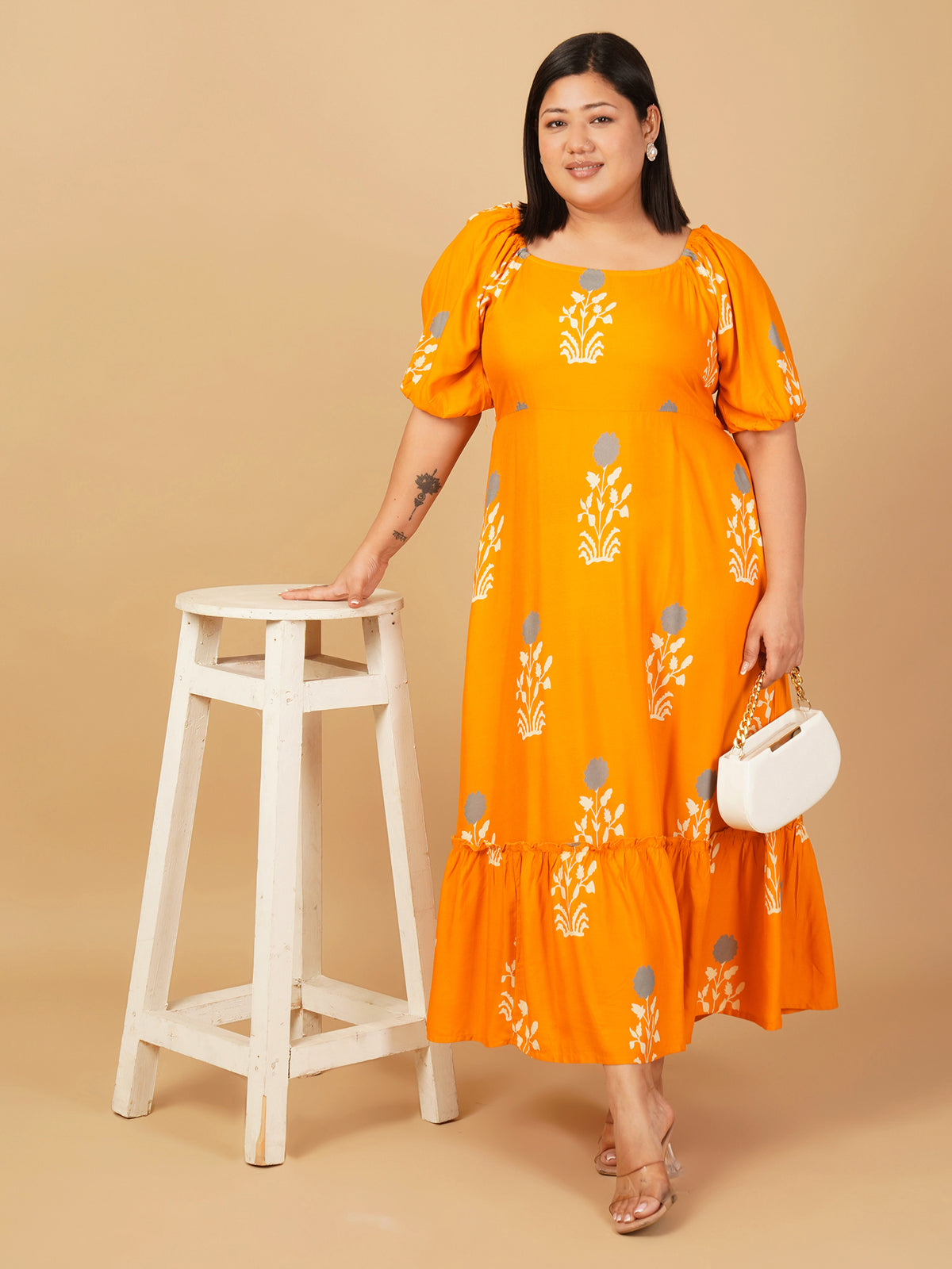 U&F Beyond Mustard Yellow Floral Tiered Midi Rayon Dress