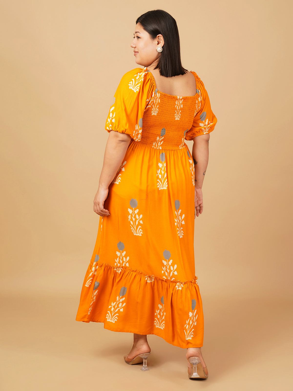 U&F Beyond Mustard Yellow Floral Tiered Midi Rayon Dress
