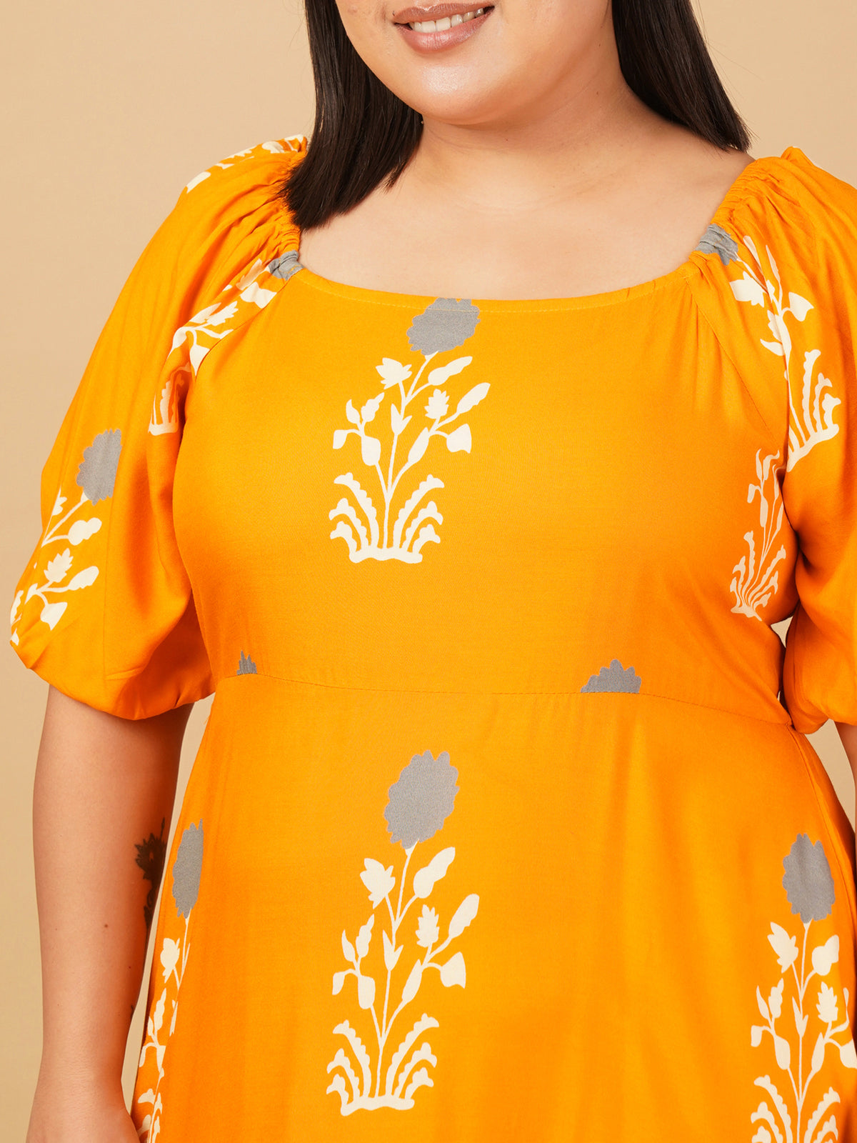 U&F Beyond Mustard Yellow Floral Tiered Midi Rayon Dress