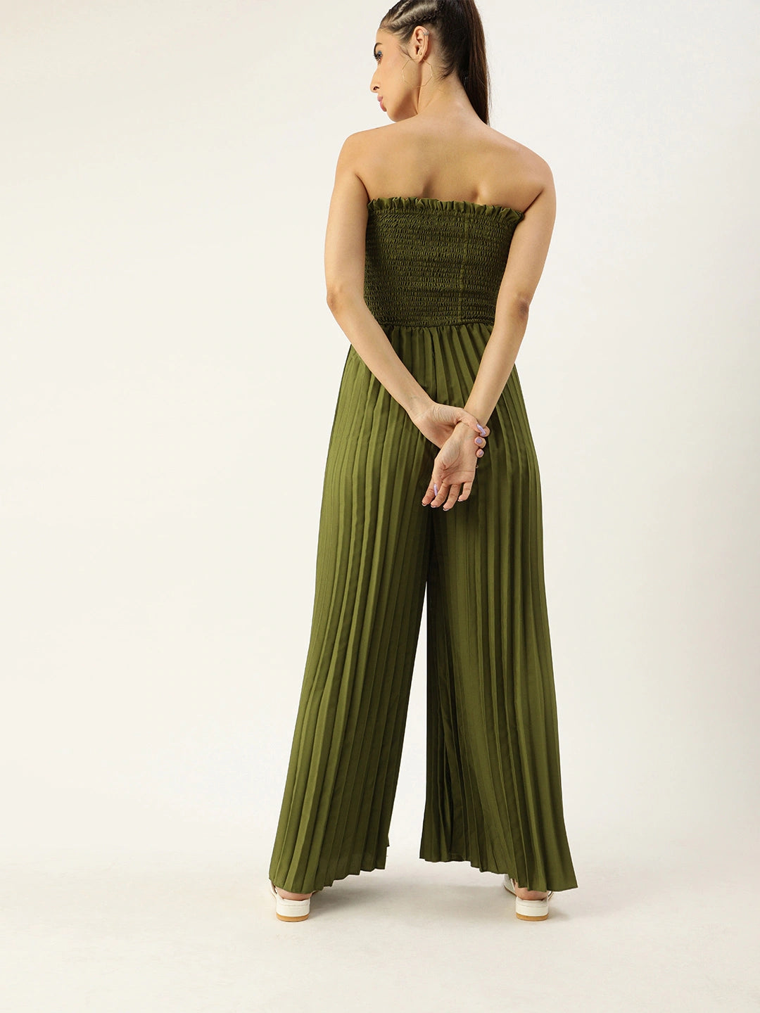 Women Olive Green Solid Accordion Pleated Smocked Basic Jumpsuit