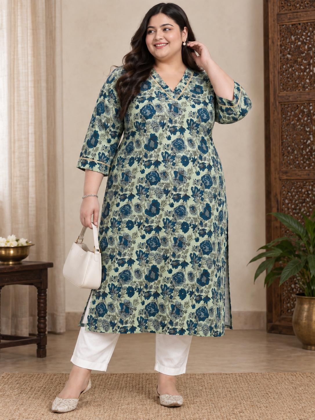 U&F Beyond Plus Size Olive Green Floral Print Cotton Straight Kurta