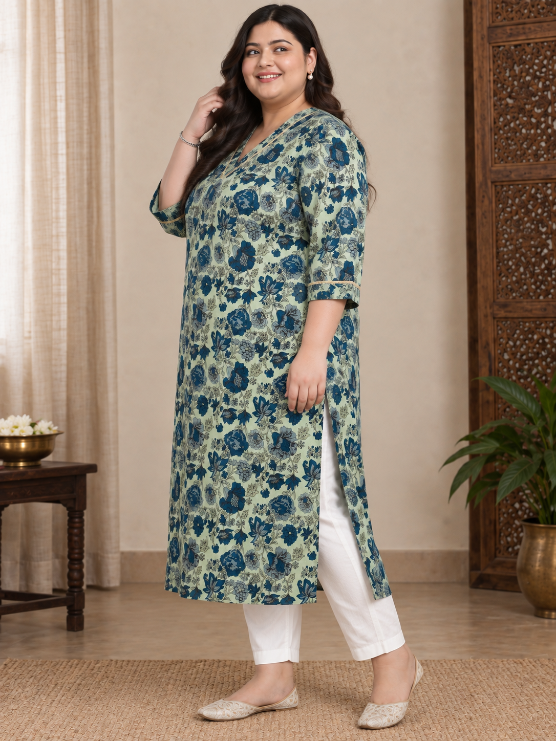 U&F Beyond Plus Size Olive Green Floral Print Cotton Straight Kurta