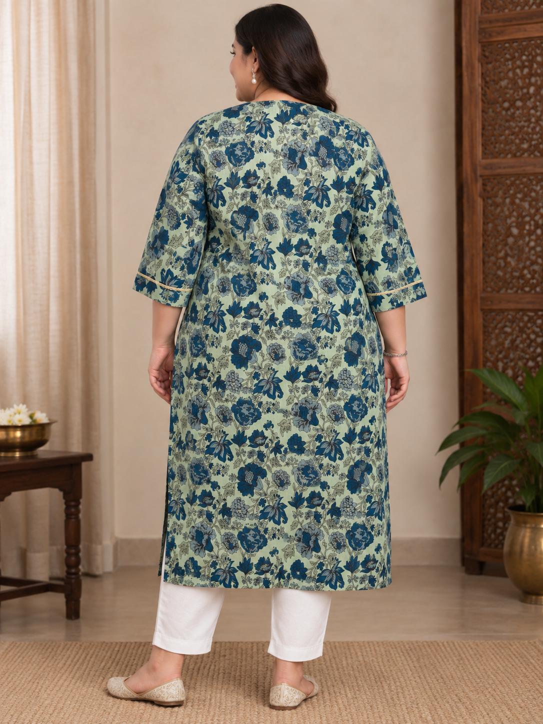 U&F Beyond Plus Size Olive Green Floral Print Cotton Straight Kurta