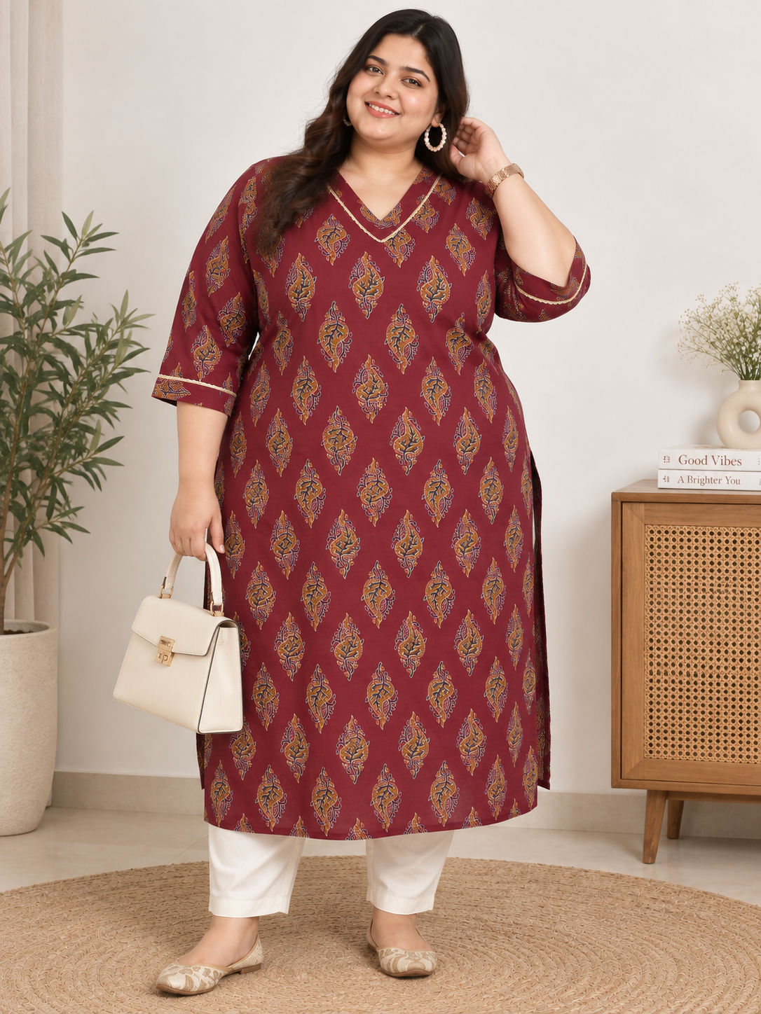 U&F Beyond Plus Size Maroon Paisley Print Cotton Straight Kurta