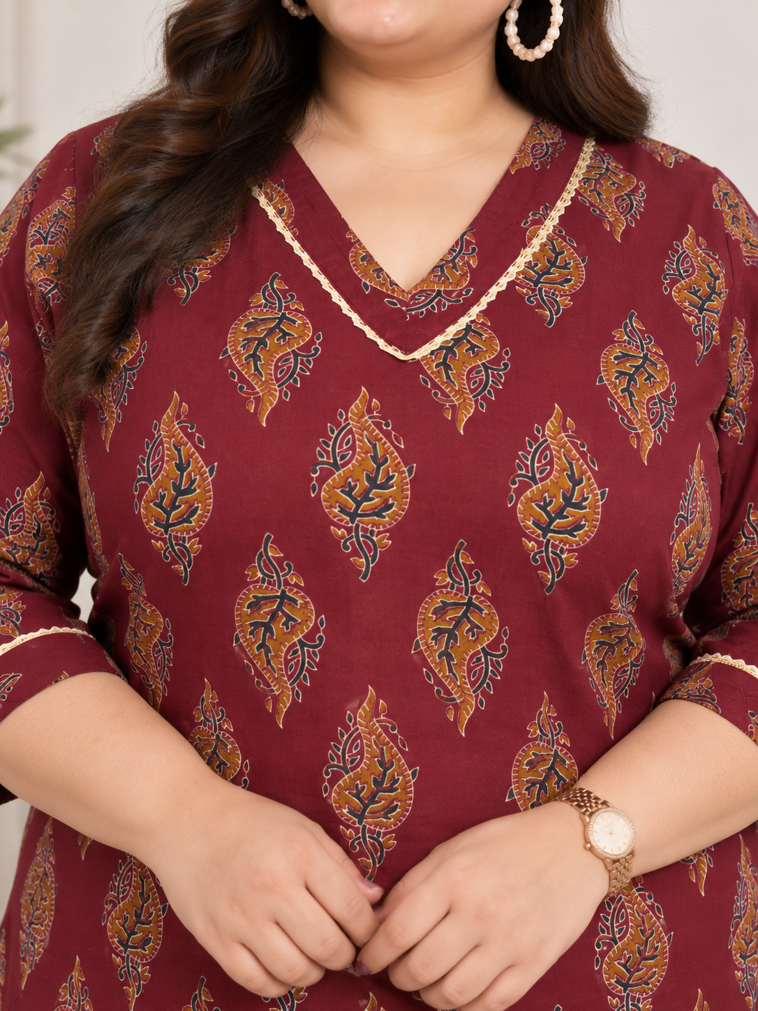 U&F Beyond Plus Size Maroon Paisley Print Cotton Straight Kurta