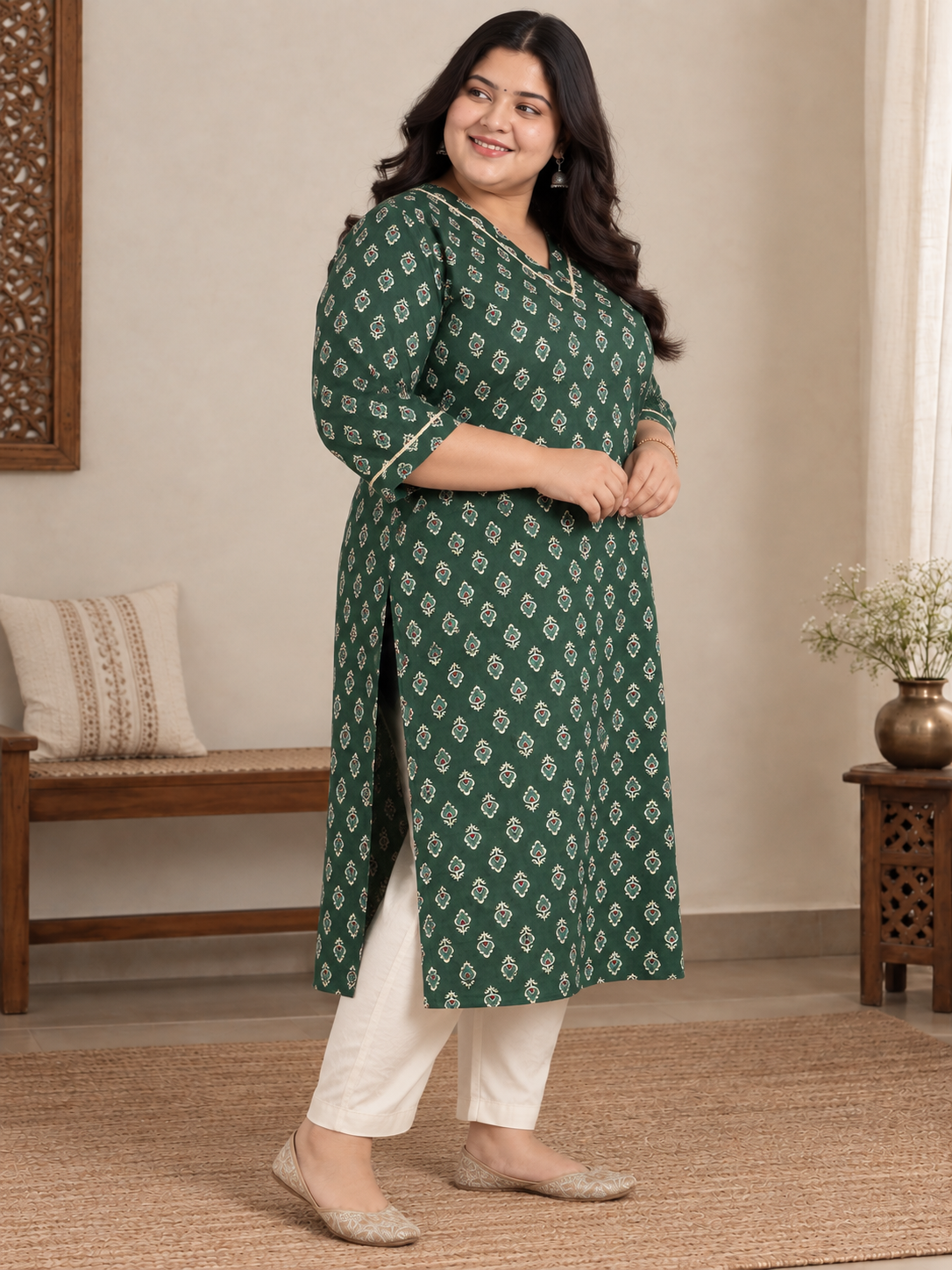 U&F Beyond Plus Size Dark Green Floral Print Cotton Straight Kurta