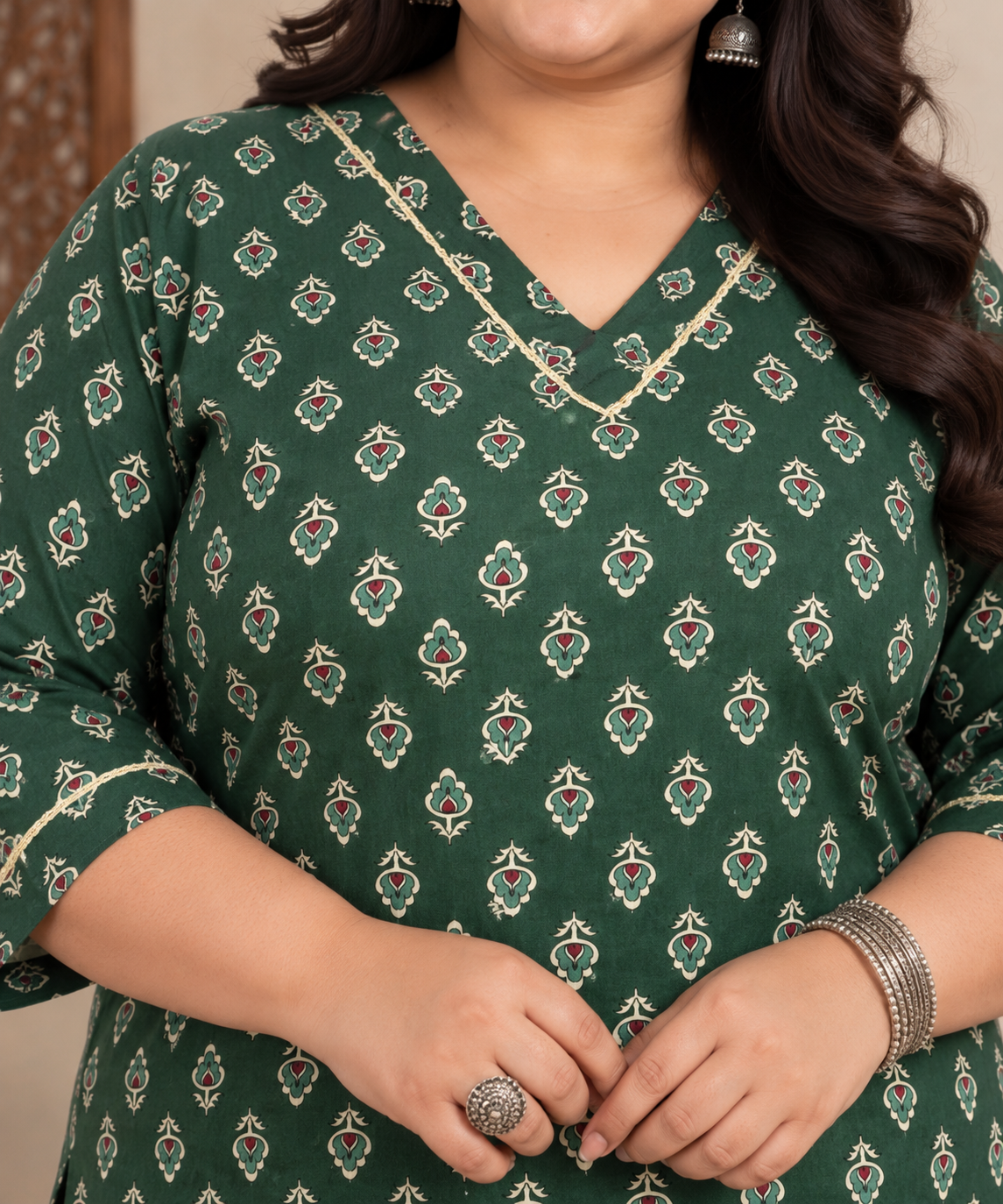 U&F Beyond Plus Size Dark Green Floral Print Cotton Straight Kurta