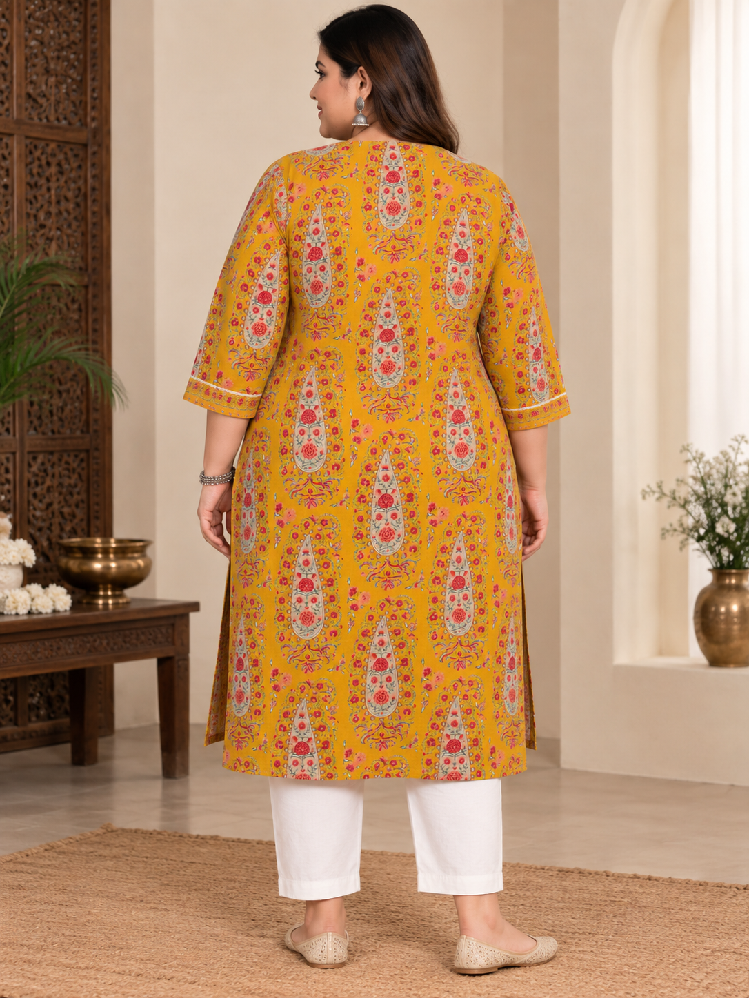 U&F Beyond Plus Size Yellow Printed Cotton Straight Kurta