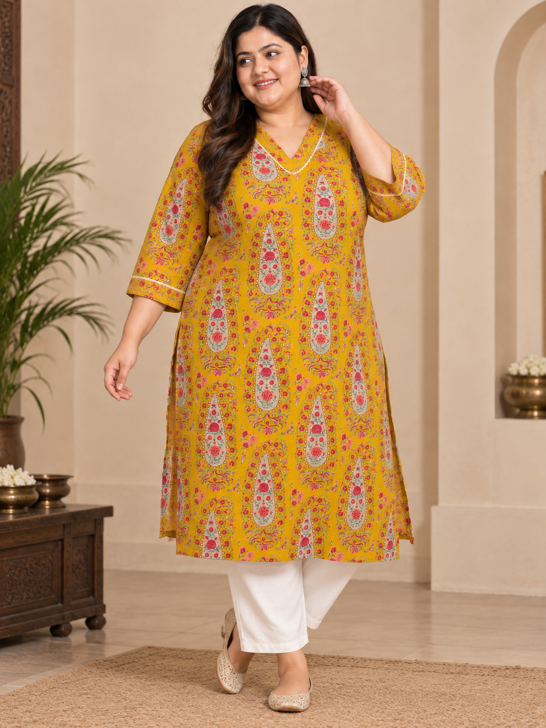 U&F Beyond Plus Size Yellow Printed Cotton Straight Kurta