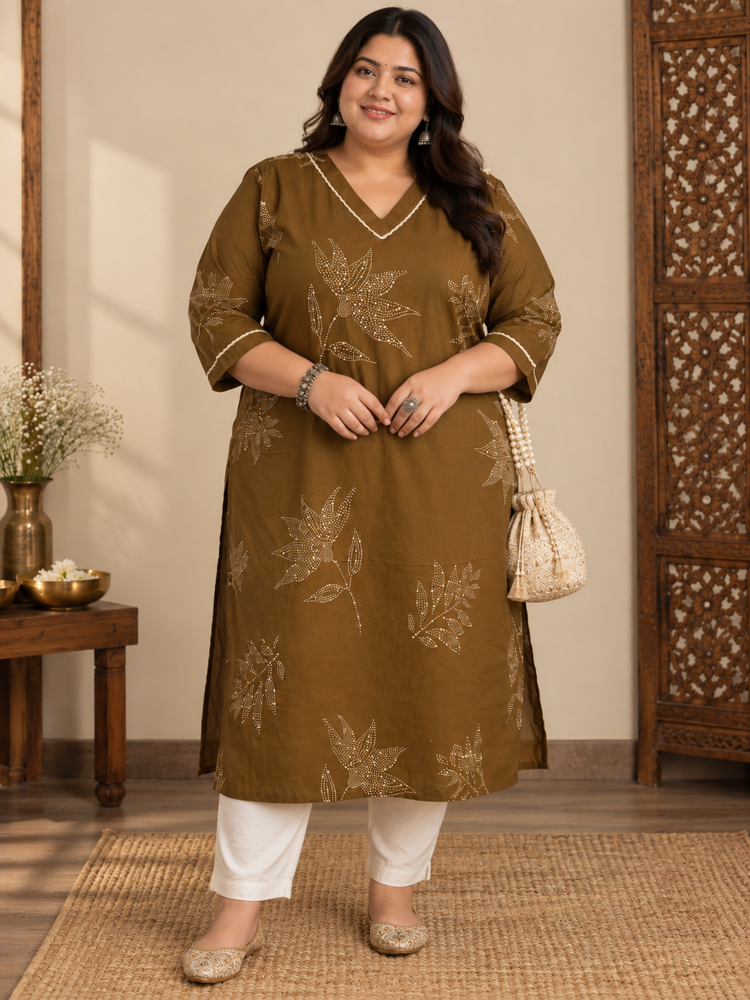 U&F Beyond Plus Size Women Brown Floral Printed Cotton Kurta