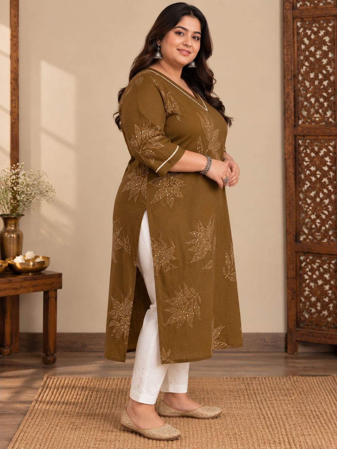 U&F Beyond Plus Size Women Brown Floral Printed Cotton Kurta