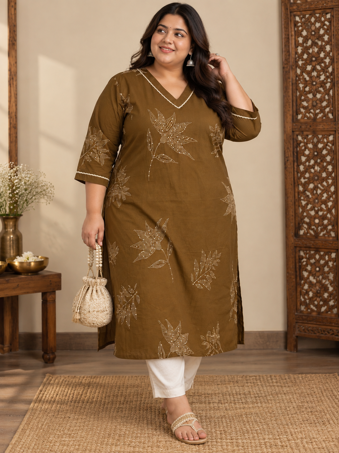 U&F Beyond Plus Size Women Brown Floral Printed Cotton Kurta