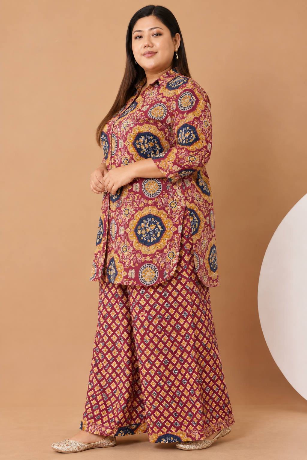 U&F Beyond Women’s Plus Size Maroon Geometric Printed Cotton Kurta Palazzo Set