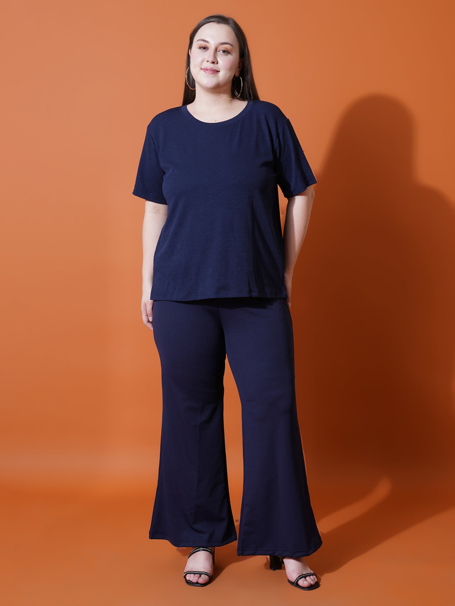 Women Plus Size Navy Blue Solid and Round neck Night suit