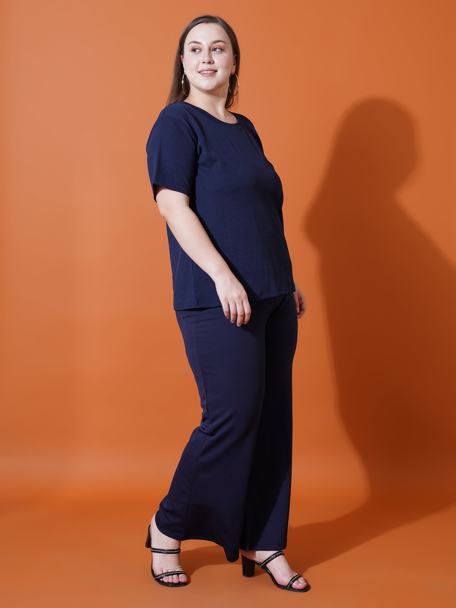 Women Plus Size Navy Blue Solid and Round neck Night suit