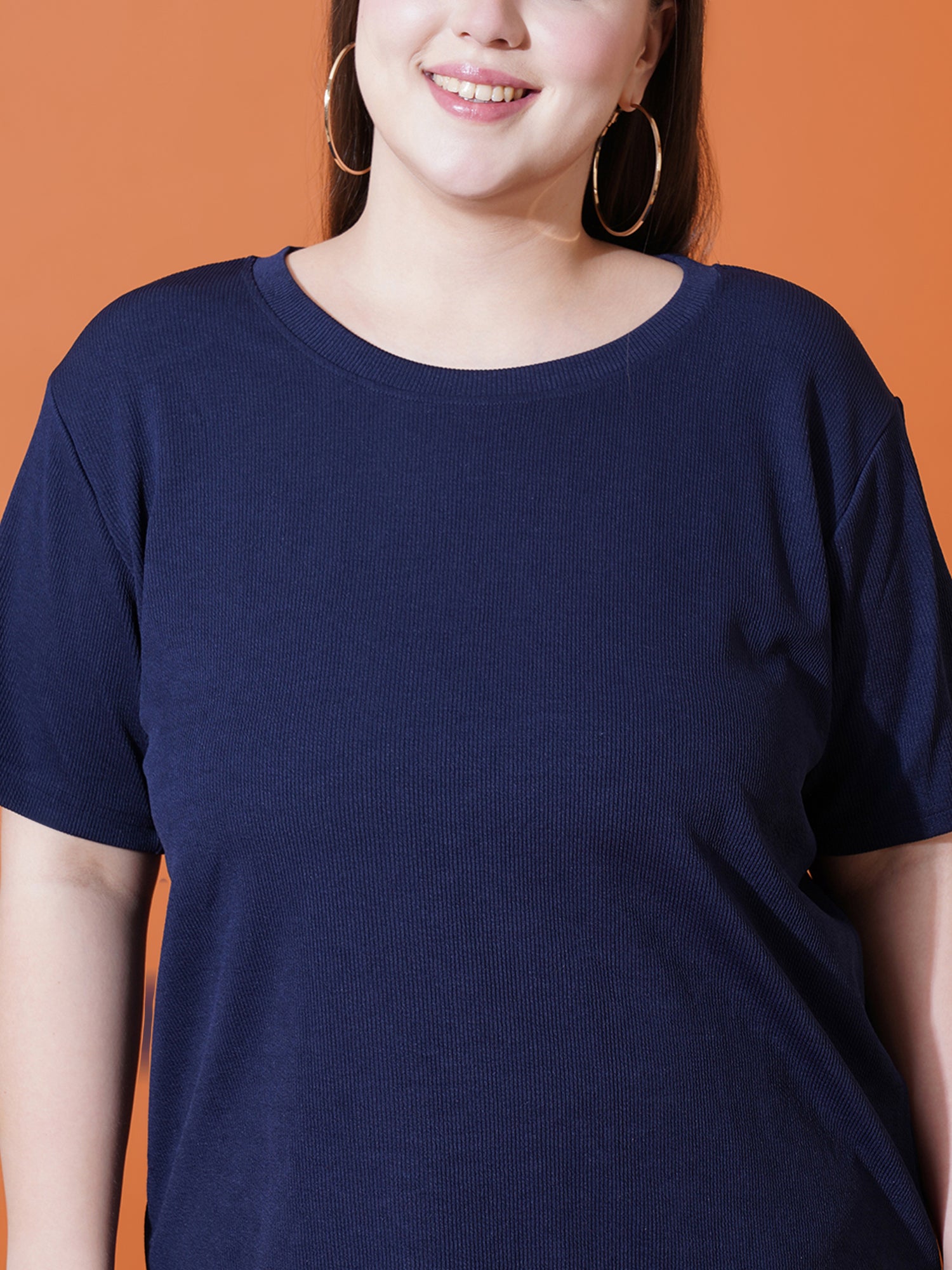 Women Plus Size Navy Blue Solid and Round neck Night suit