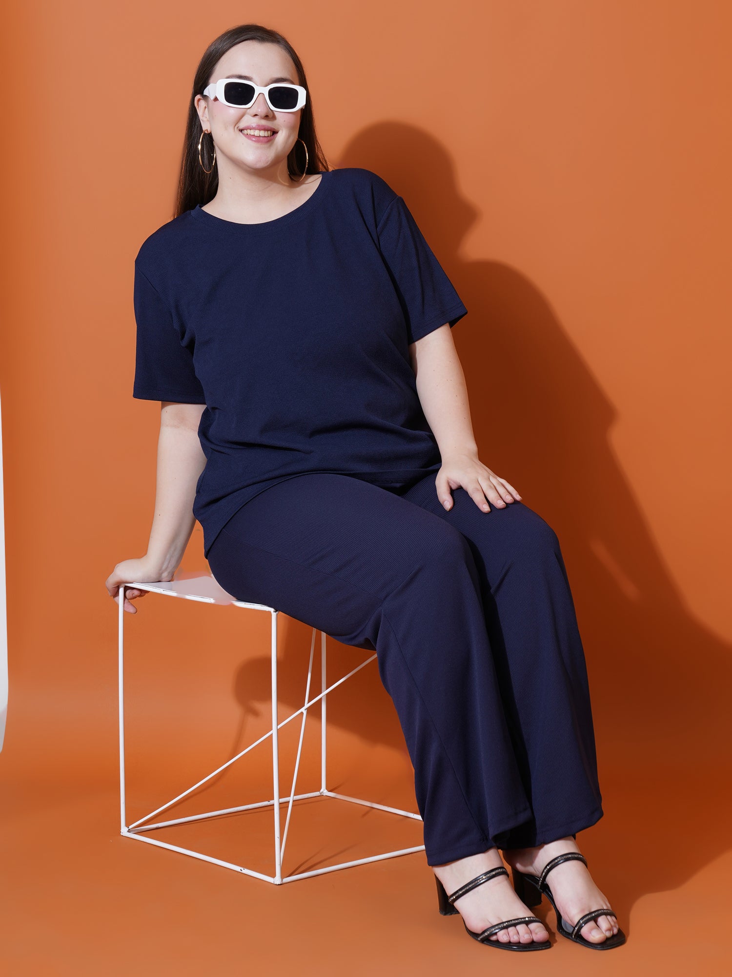 Women Plus Size Navy Blue Solid and Round neck Night suit