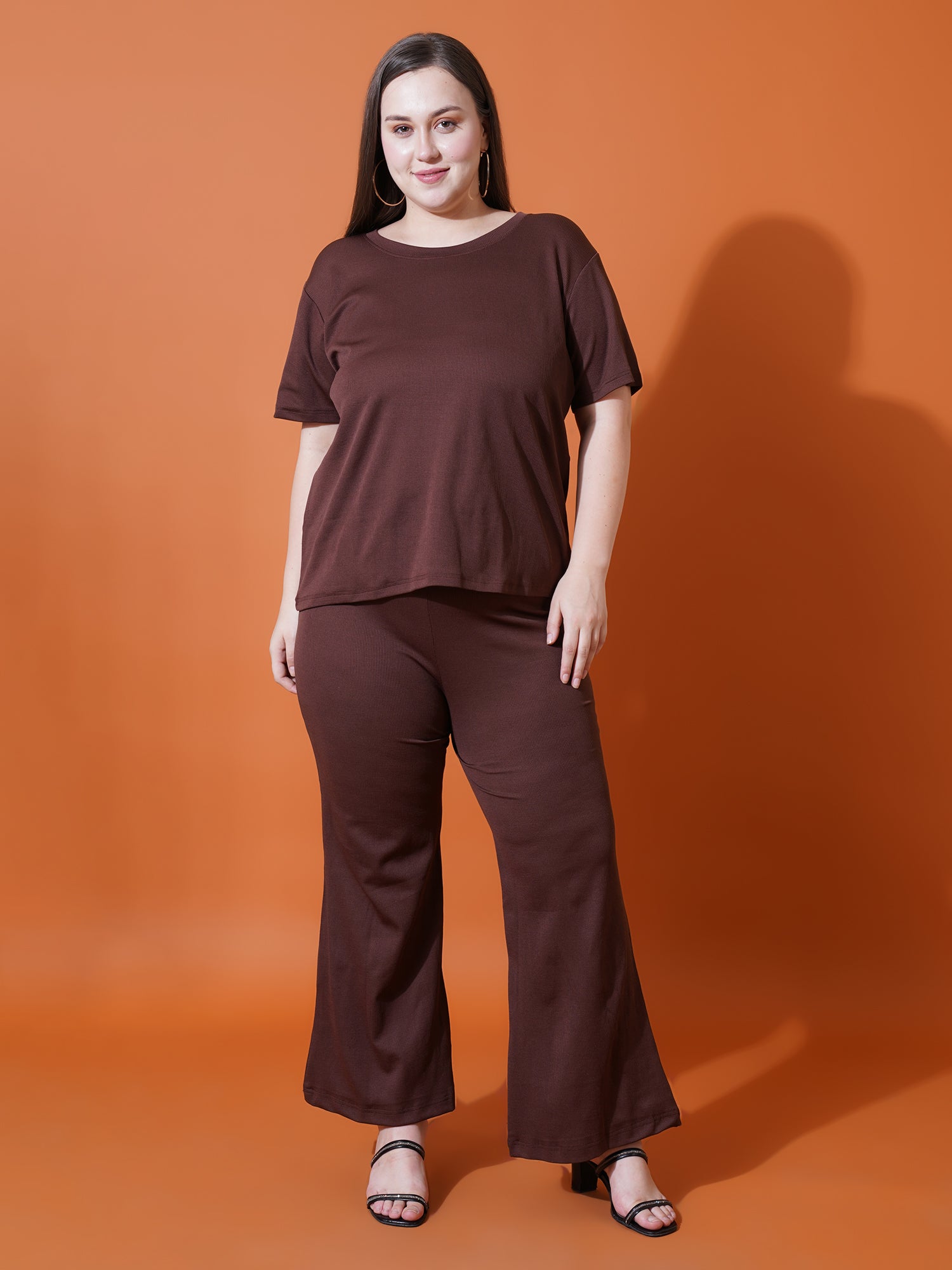Women Plus Size Brown Solid and Round neck Night suit