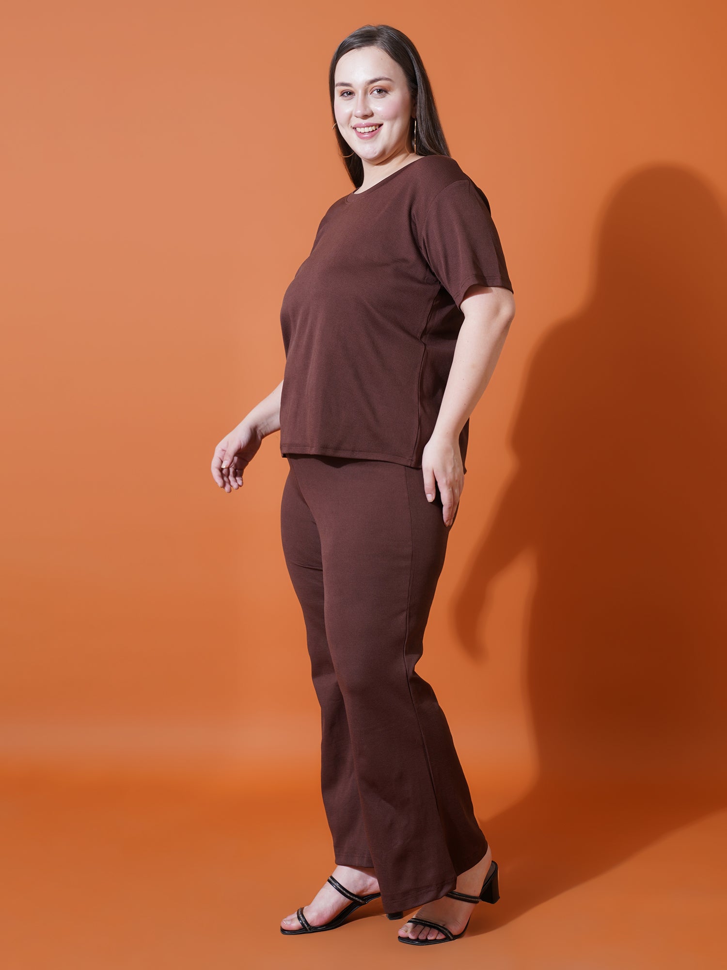 Women Plus Size Brown Solid and Round neck Night suit