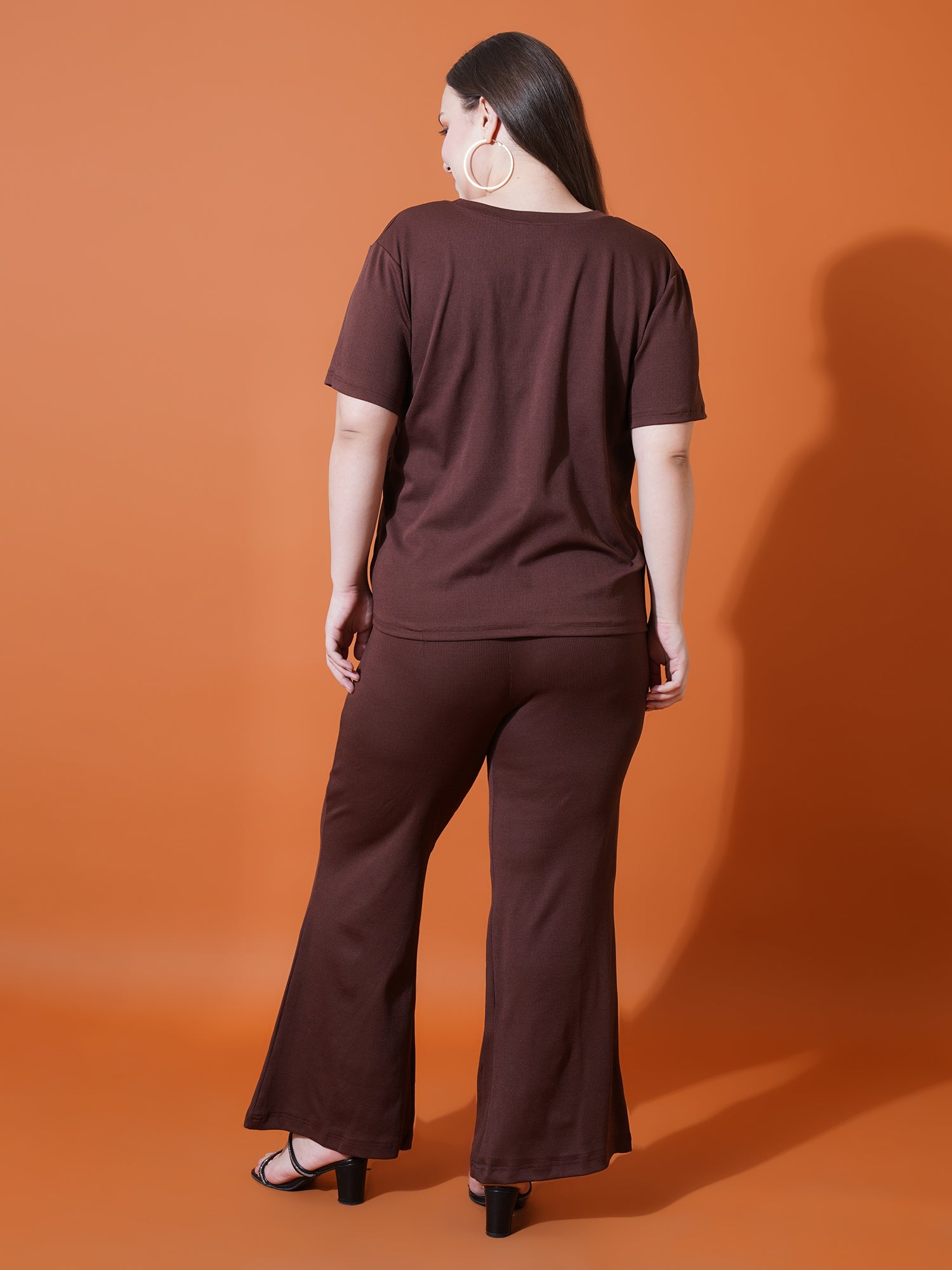 Women Plus Size Brown Solid and Round neck Night suit
